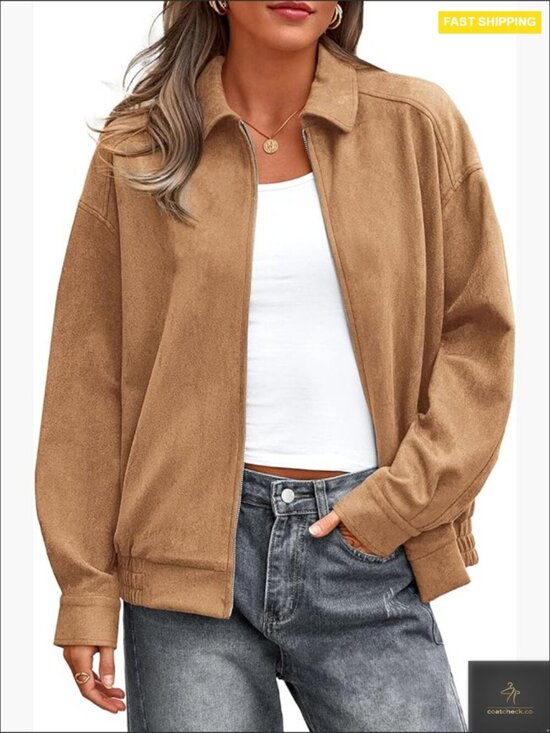 Jackets & Blazers - Faux Suede Bomber Jacket Oversized Relaxed Fit Zip Up Casual Outerwear
